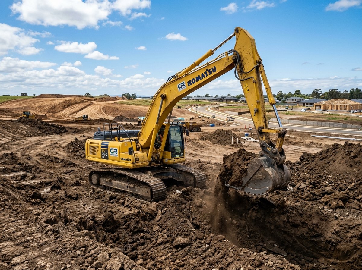 Yellow excavator earthworks on civil construction site